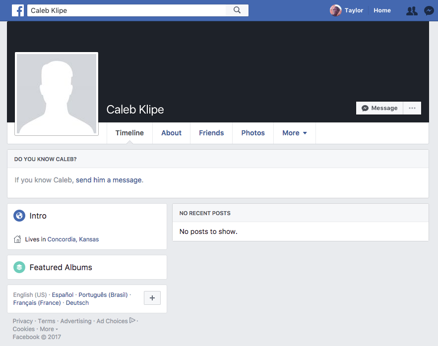 Facebook Profile that does not feature any profile picture, information, or posts. Most likely a fake account, not representing a real person.