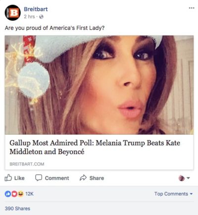 A Provacative Facebook post mentioning the First Lady, designed to grab the user's attention.