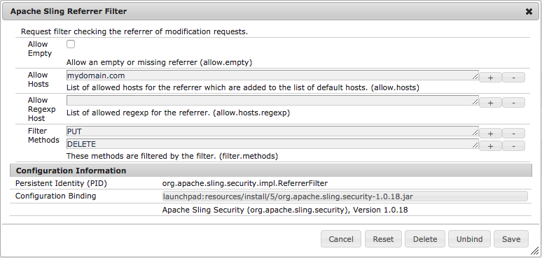 Screen capture of the AEM OSGi Configuration Manager for the Referrer Filter, with mydomain.com added as an Allowed Host, and the POST removed from the Filter Methods.