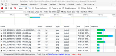 Screen capture of the Chrome Developer Tools showing the Network requests loading images on the sample blog post after image optimizations are activated, showing that smaller images files are requested for mobile users.