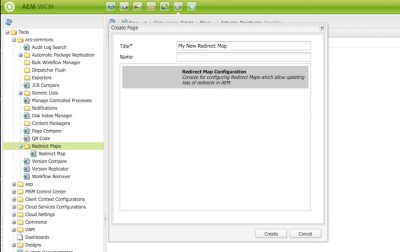 A screen capture of the AEM Classic UI miscadmin with a dialog window open for creating a Redirect Map Configuration.